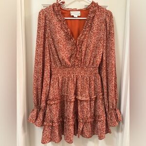 Love Riche Rust Floral Ruffle Tiered Long Sleeve Dress
